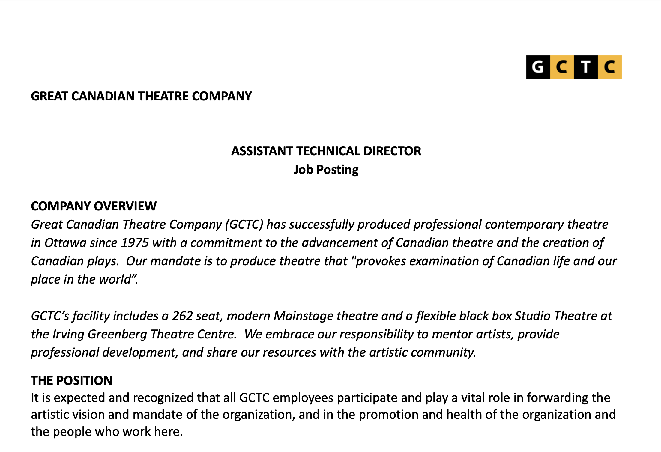 GCTC is seeking a ASSISTANT TECHNICAL DIRECTOR